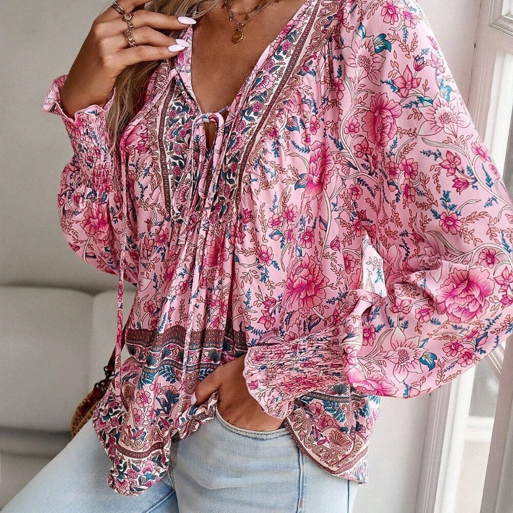 Pink Casual Women's Floral Print Shirred Cuffed Shirt - Picture 6 of 7